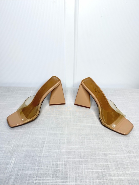 Shoes - Nude Clear Strap Square Toe Mule Heels | Block Heel Size 7.5